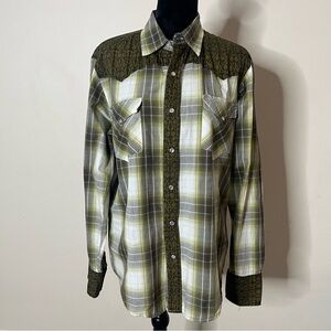 Roper Men’s Green Plaid/Damask Print Pearl Snap‎ Cotton Western Shirt Sz M